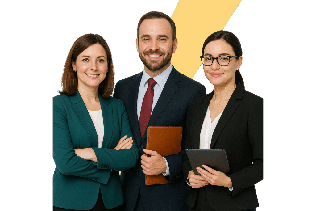 trois personnes en costume et tailleur